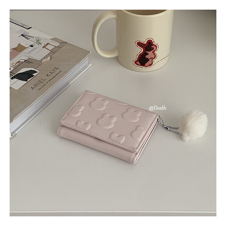 Bunny Cute One-Piece Small Card Holder Wallet Women's Short Embossed Fluffy Balls Hanging Coin Purse