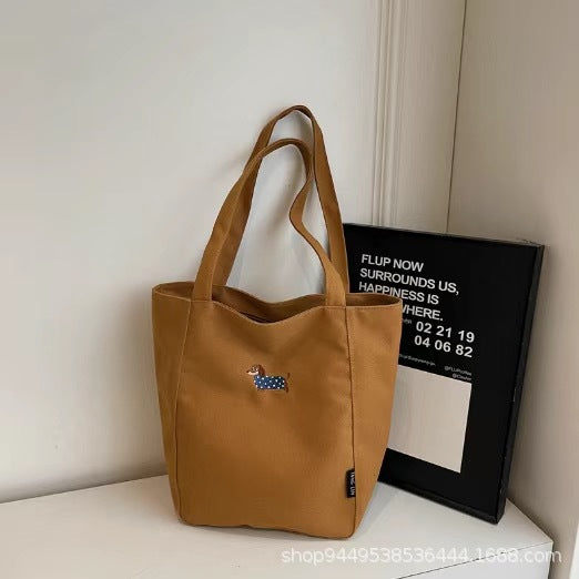 Stylish Canvas Tote Bag with Embroidered Dachshund Design, Large Capacity for Daily Commute and School Use