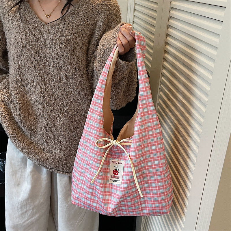 Cute Plaid Shoulder Bag for Women, Soft Nylon Casual Shopping Tote with Drawstring Design, Perfect for Daily Use and Commuting