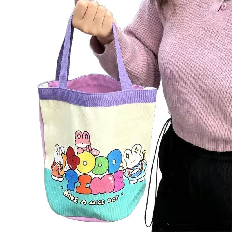 Cute Ice Skating Club Canvas Tote Bag for Kids and Teens, Fashionable Bucket Style with Cartoon Print, Perfect for Daily Use and School