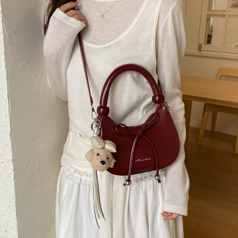 2026 New Korean Style Simple Crossbody Bag for Women, Cute Cartoon Pendant, Fashionable Dumpling Shape Handbag with Bow Detail