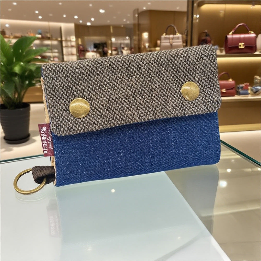 Creative Cartoon Printing Tri-Fold Denim Canvas Wallet Simple Canvas Card Holder Key Case for Both Men and Women