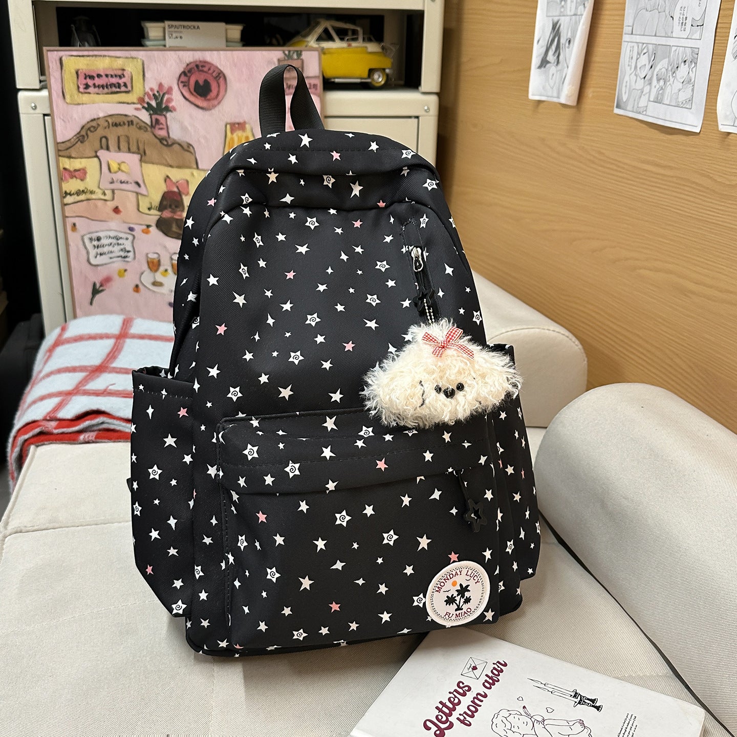 Cute Pastel Star Print Backpack for Girls, Soft Nylon School Bag with Front Pocket and Charm Design, Perfect for Elementary Students