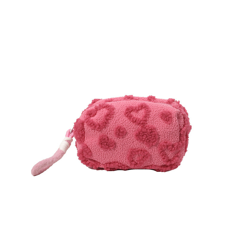 Cute Plush Heart Pattern Cosmetic Bag with Large Capacity and Soft Texture for Daily Use and Travel