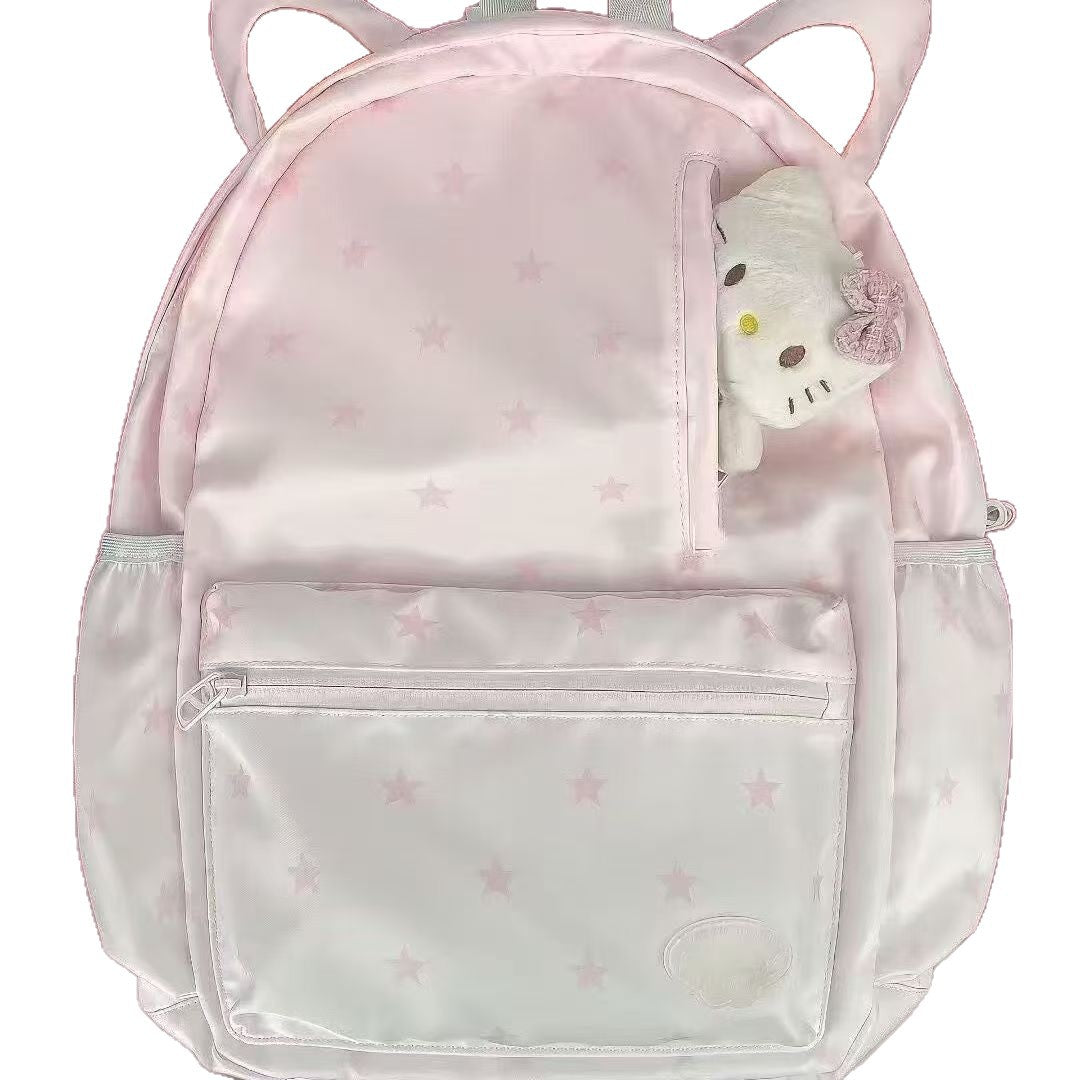 Cute Cartoon Backpack for Students with Star Pattern and Cat Ears Design, Lightweight and Large Capacity School Bag