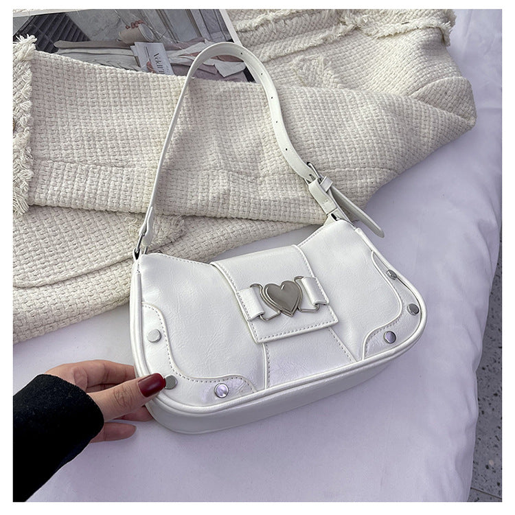 Chic Minimalist Shoulder Bag with Heart Buckle Design for Women, Trendy Crossbody Bag with Rivet Details
