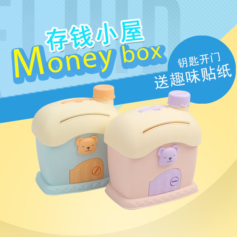 Cute Cartoon Bear House Money Bank with Key and Stickers for Kids - Creative Piggy Bank for Boys and Girls