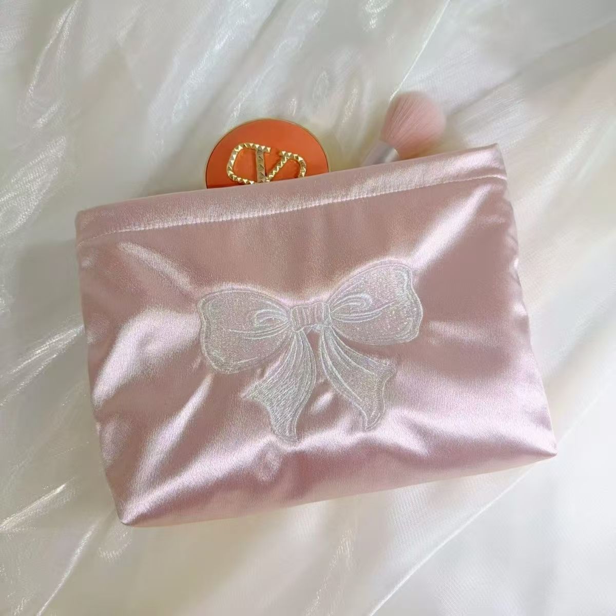 Women's Embroidered Bow Cosmetic Bag Smooth Satin Large Capacity Carrying Case Essential for Daily Travel