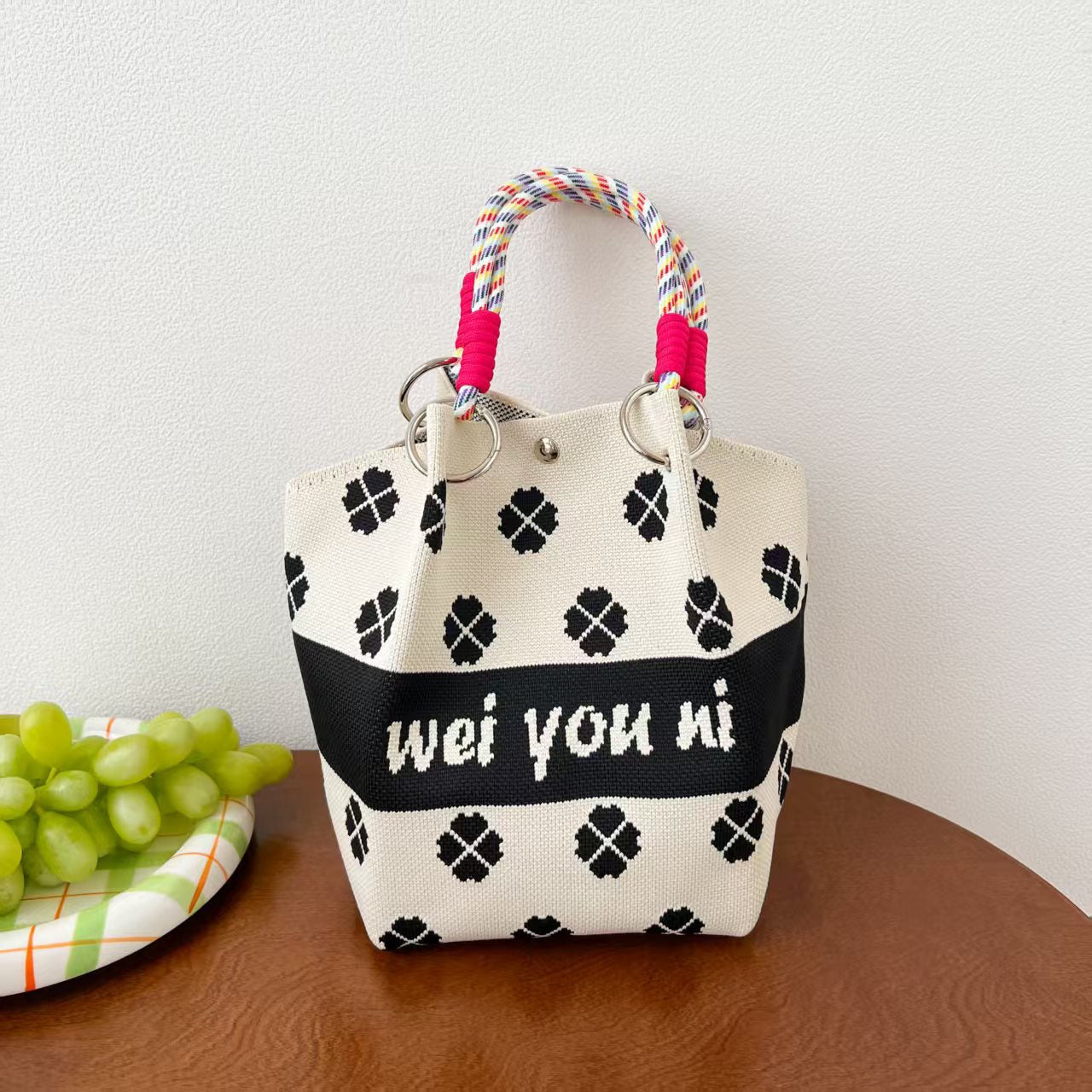 Black and White Rhombus Knitted Tote Bag Women's Casual Versatile Large Capacity Messenger Bag Handbag