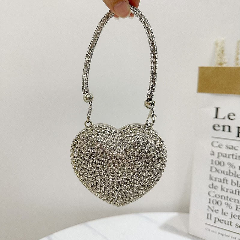 2025 New European Fashion Mini Heart-Shaped Crystal Clutch Bag with Chain Strap for Evening Party and Daily Use