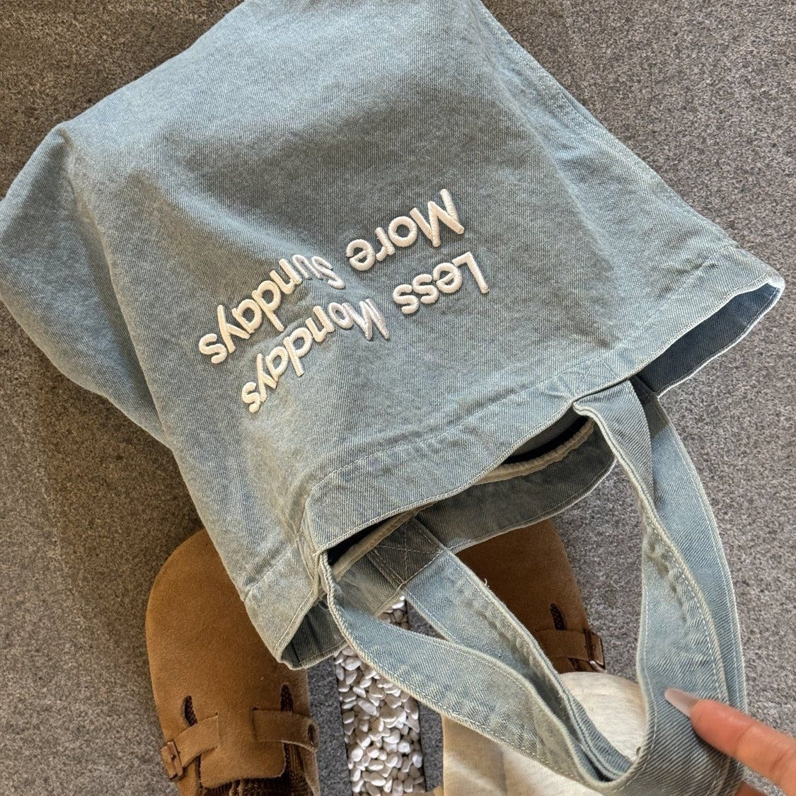 Retro American Denim Tote Bag with Embroidered Quote, Casual Daily Shoulder Bag for Students and Commuters