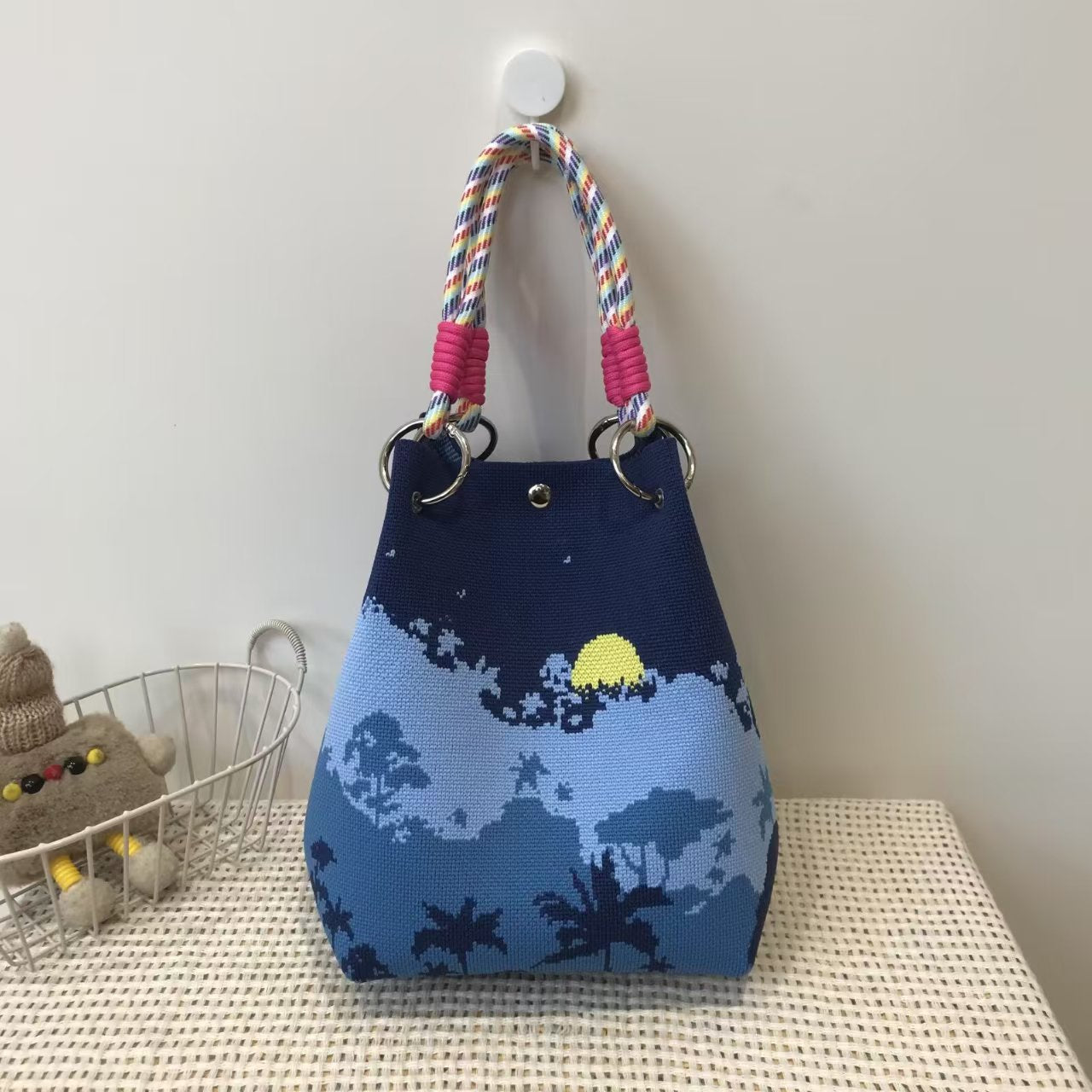 Black and White Rhombus Knitted Tote Bag Women's Casual Versatile Large Capacity Messenger Bag Handbag