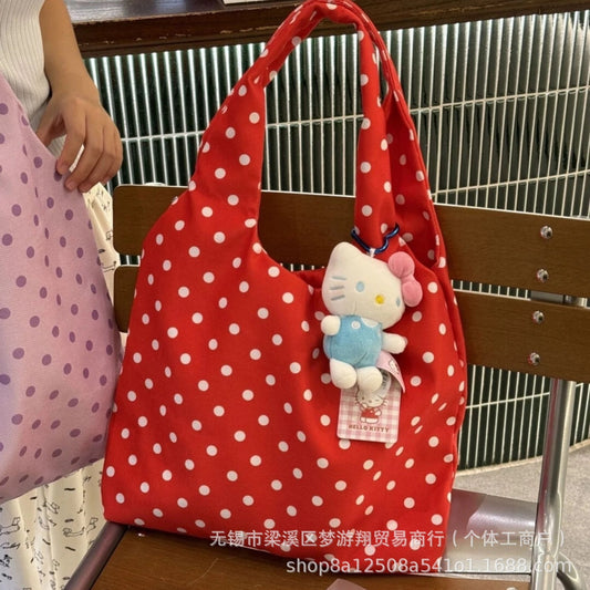 New Polka Dot Tote Bag Women's Large Capacity Commuter Shoulder Bag Fashion All-Match College Style Simple Design with Cute Pendant Daily Travel Essential