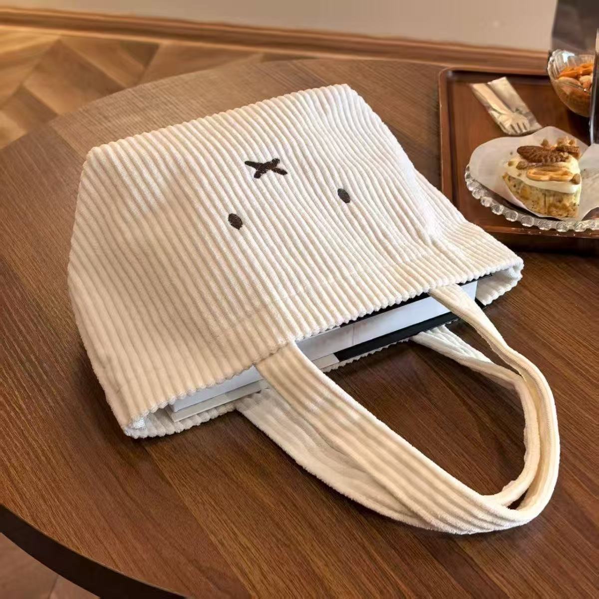 Cute Rabbit Embroidered Corduroy Tote Bag with Large Capacity and Soft Design for Daily Use