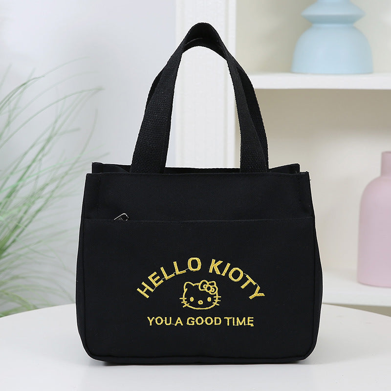Cute Embroidered Canvas Tote Bag with Hello Kitty Design, Perfect for Daily Use, School, Work, and Carrying Lunchbox