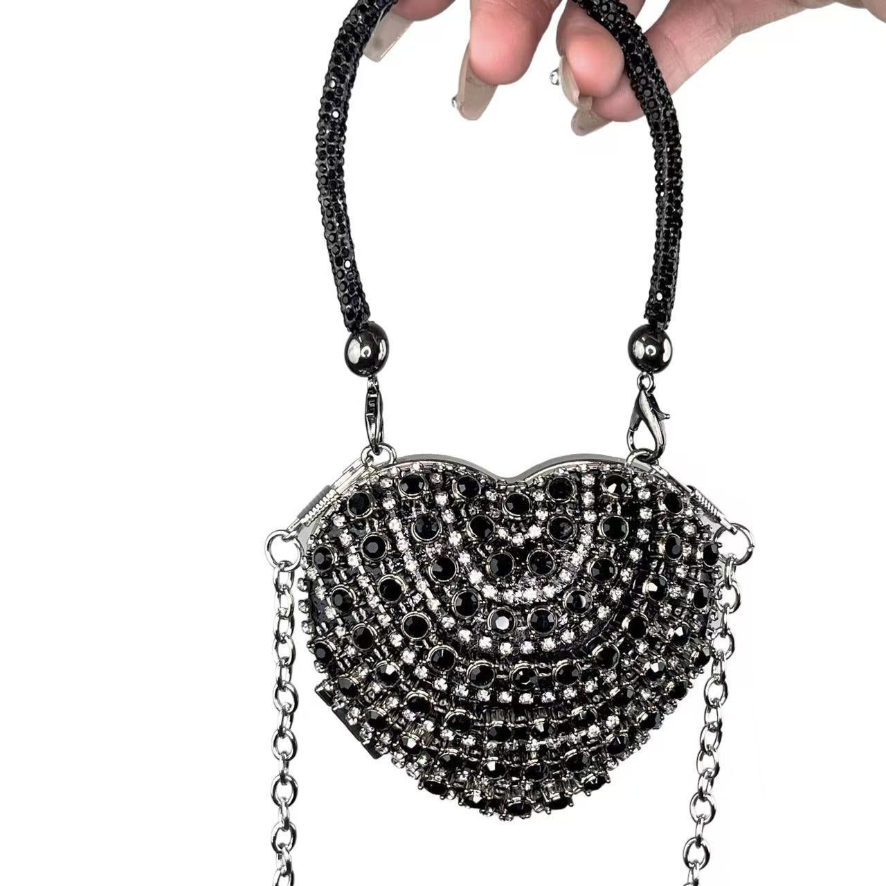 2025 New European Fashion Mini Heart-Shaped Crystal Clutch Bag with Chain Strap for Evening Party and Daily Use