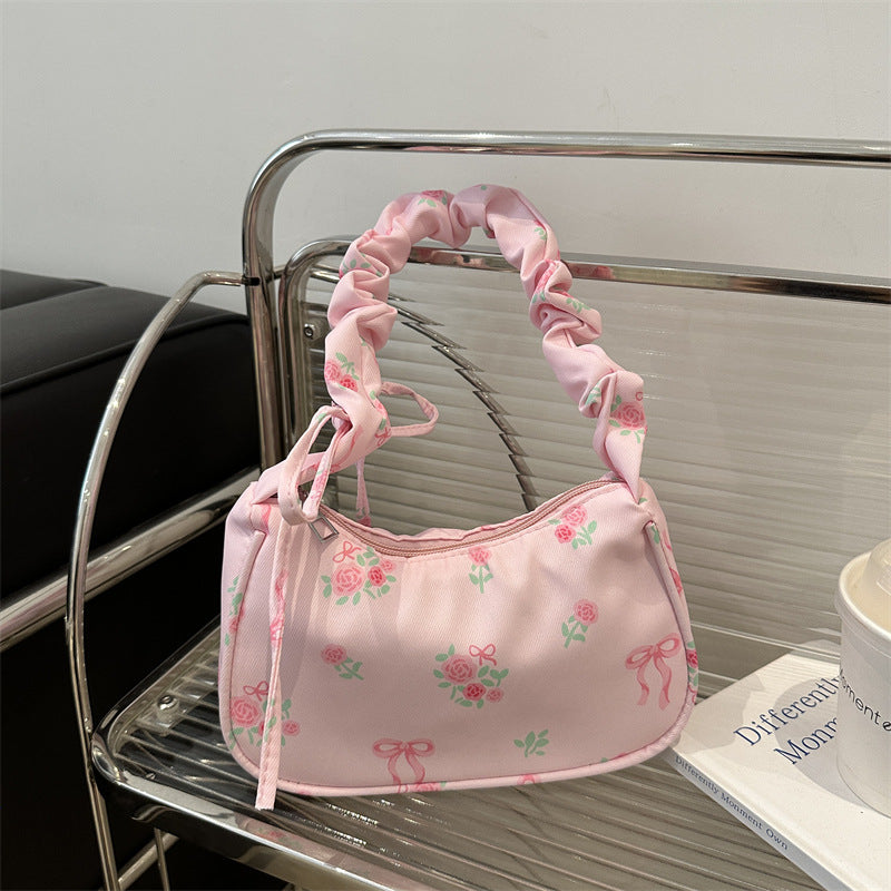 Gentle Sweet Flowers Canvas Bag Female New Drawstring Floral Bow Underarm Bag