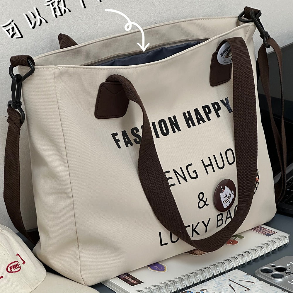 Cute Fashionable Tote Bag with Letter Print & Emoji Charms for Daily Commute and College Life