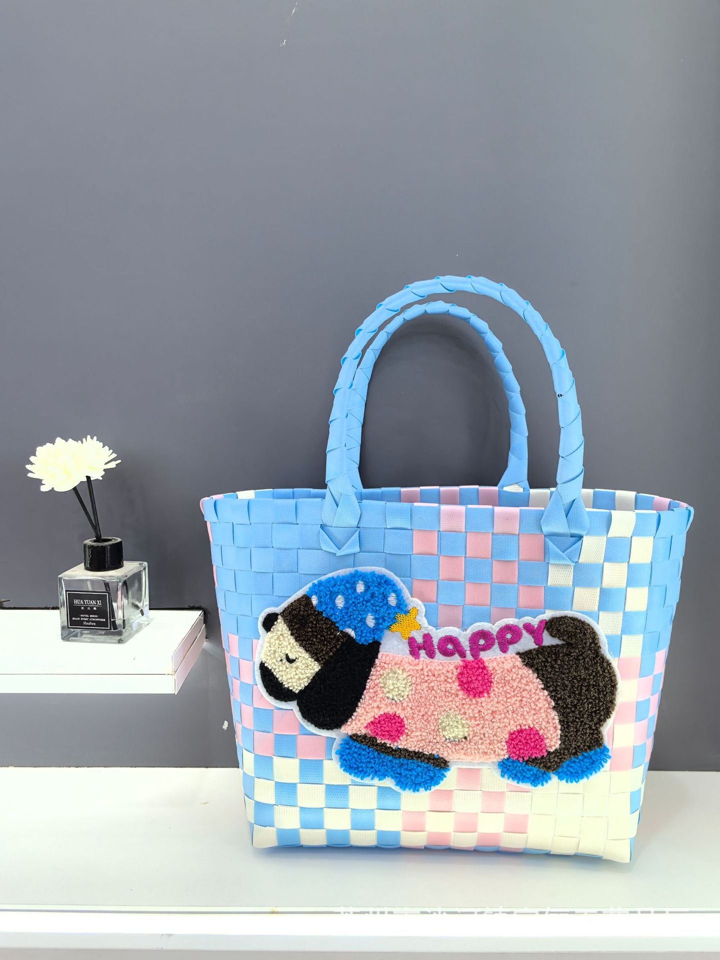 Spring Outing Picnic Bag Portable Plastic Woven Bag Large Capacity Woven Bag Cute Pink Fresh Color Matching Plaid