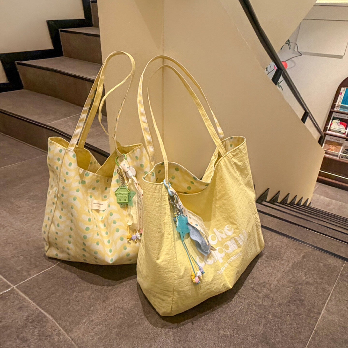 Korean Style Duplex Printing Canvas Tote Bag Female College Style Large Capacity Commuter Shoulder Bag