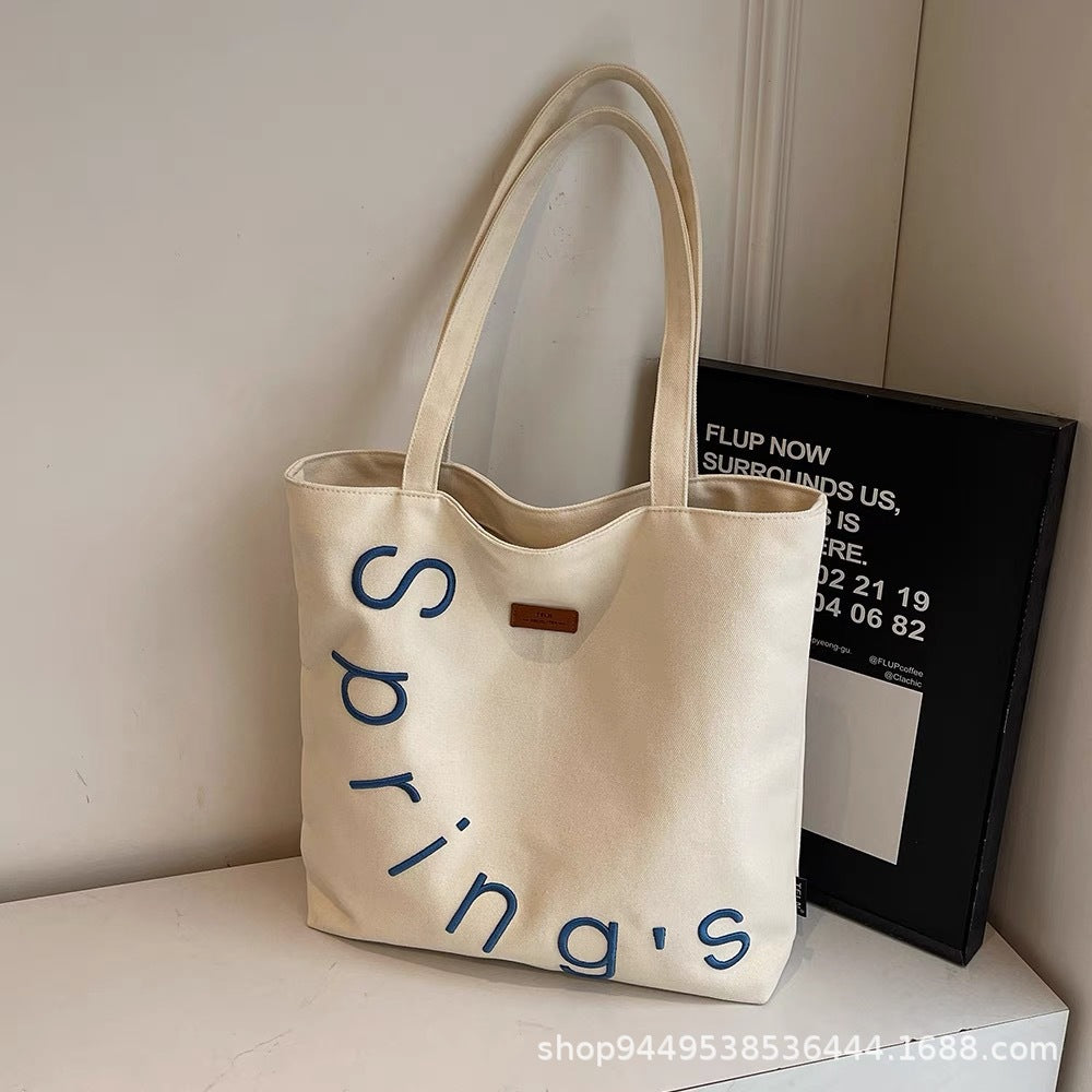 Spring Letter Embroidery Canvas Tote Bag for Women, Casual Large Capacity Shoulder Bag with Zipper Closure and Phone Pocket