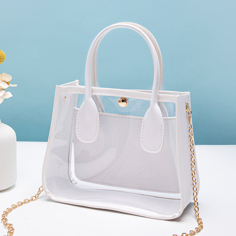 Women's Cross-Body Bag Handbag Transparent PVC Tote Bag with Leather Edge Chain Crossbody Handbag