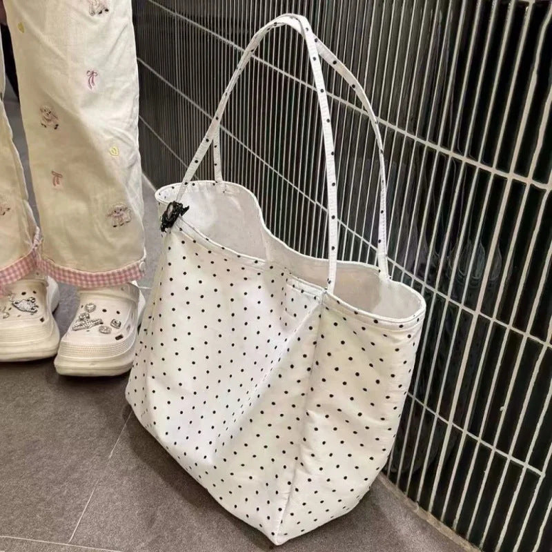 Chic Polka Dot Canvas Tote Bag for Women, Large Capacity Casual Shoulder Bag with Fashionable Design, Perfect for Daily Use and School