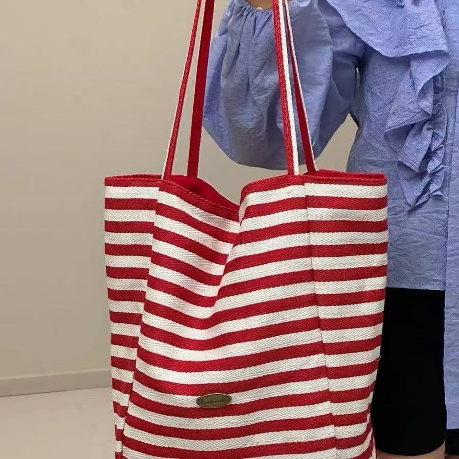 2026 Trendy Striped Canvas Tote Bag for Women, Large Capacity Casual Shoulder Bag with Street Style Design
