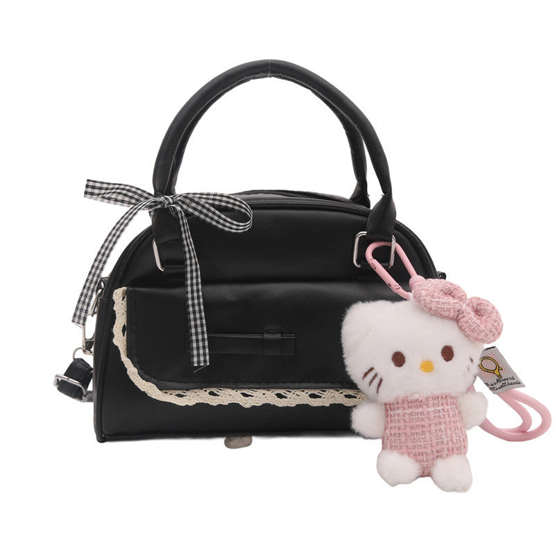 2025 Trendy Minimalist Bow Handbag for Women, Fashionable Crossbody Bag with Cute Plush Charm, Elegant Bowling Shape Design