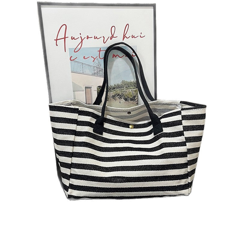 Commuter Canvas Bag Women's Large Capacity New Hand-Carrying Striped One-Shoulder Mummy Tote Bag
