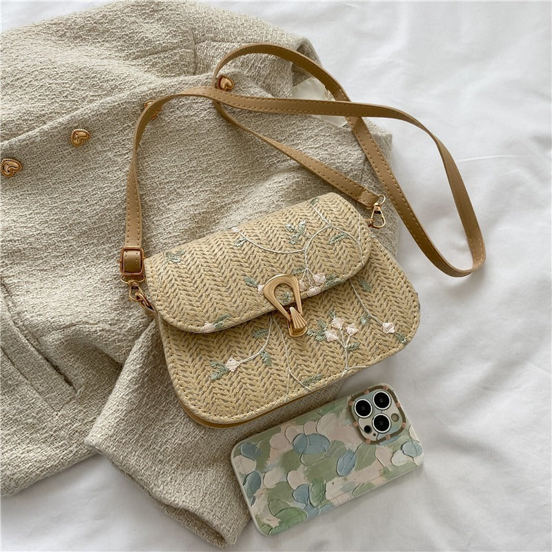 Chic Embroidered Woven Crossbody Bag for Women, Fashionable Casual Style with Golden Clasp and Adjustable Strap