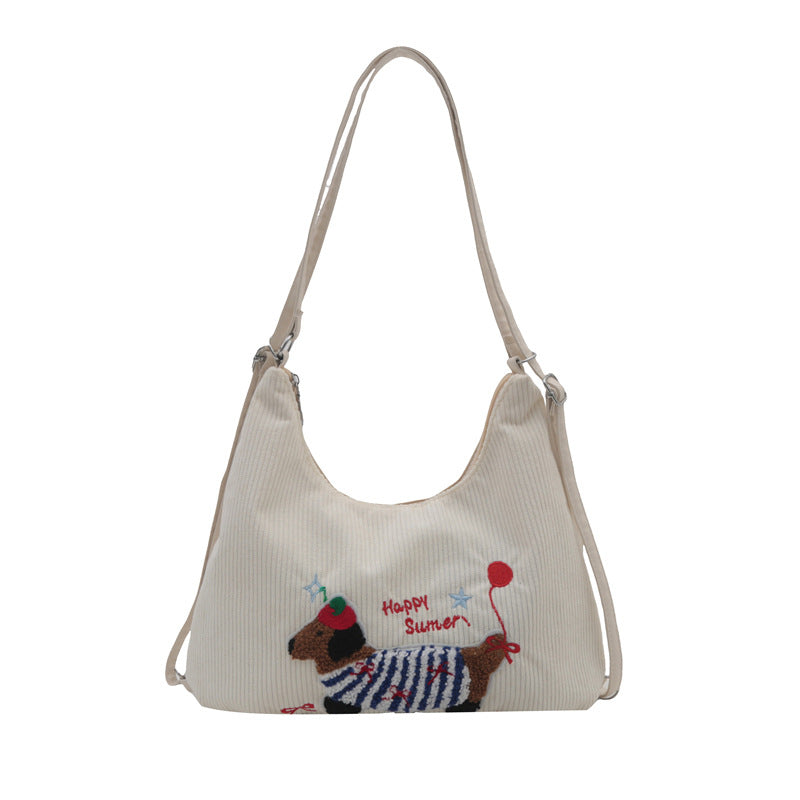 Women's Backpack Sausage Dog New Trendy Korean Large Capacity Corduroy Preppy Style Tote Bag