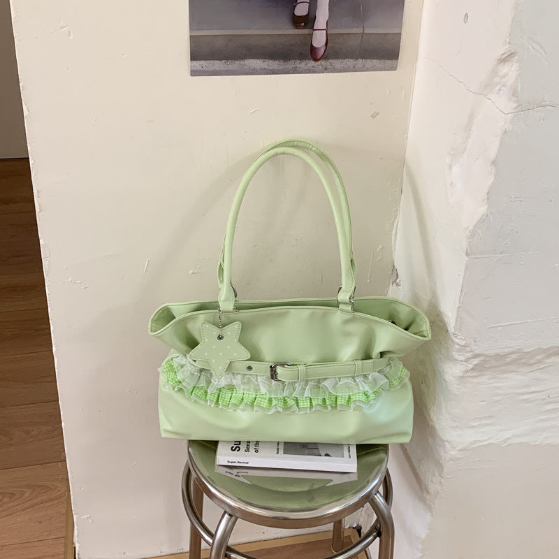 Elegant Ruffle Design Tote Bag with Belt Detail and Star Charm for Daily Use