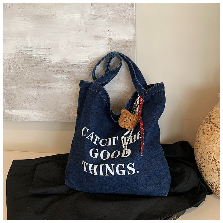 Stylish Denim Tote Bag with Inspirational Quote - Large Capacity Shoulder Bag for Daily Use and Shopping
