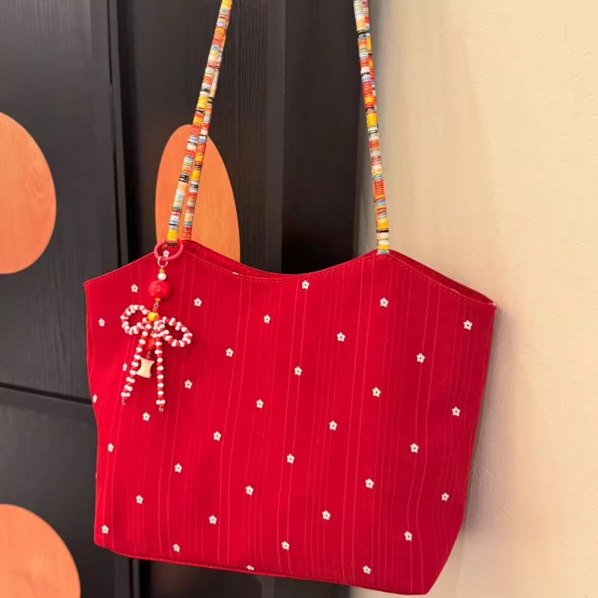 Korean Style Floral Canvas Tote Bag with Colorful Beaded Strap and Sweet Bow Charm for Daily Use