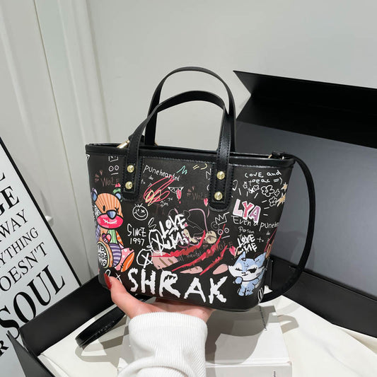 New Cartoon Bear Graffiti Large-Capacity Bucket Bag Fashion Casual Portable Tote Bag Everyday Joker Trendy Item