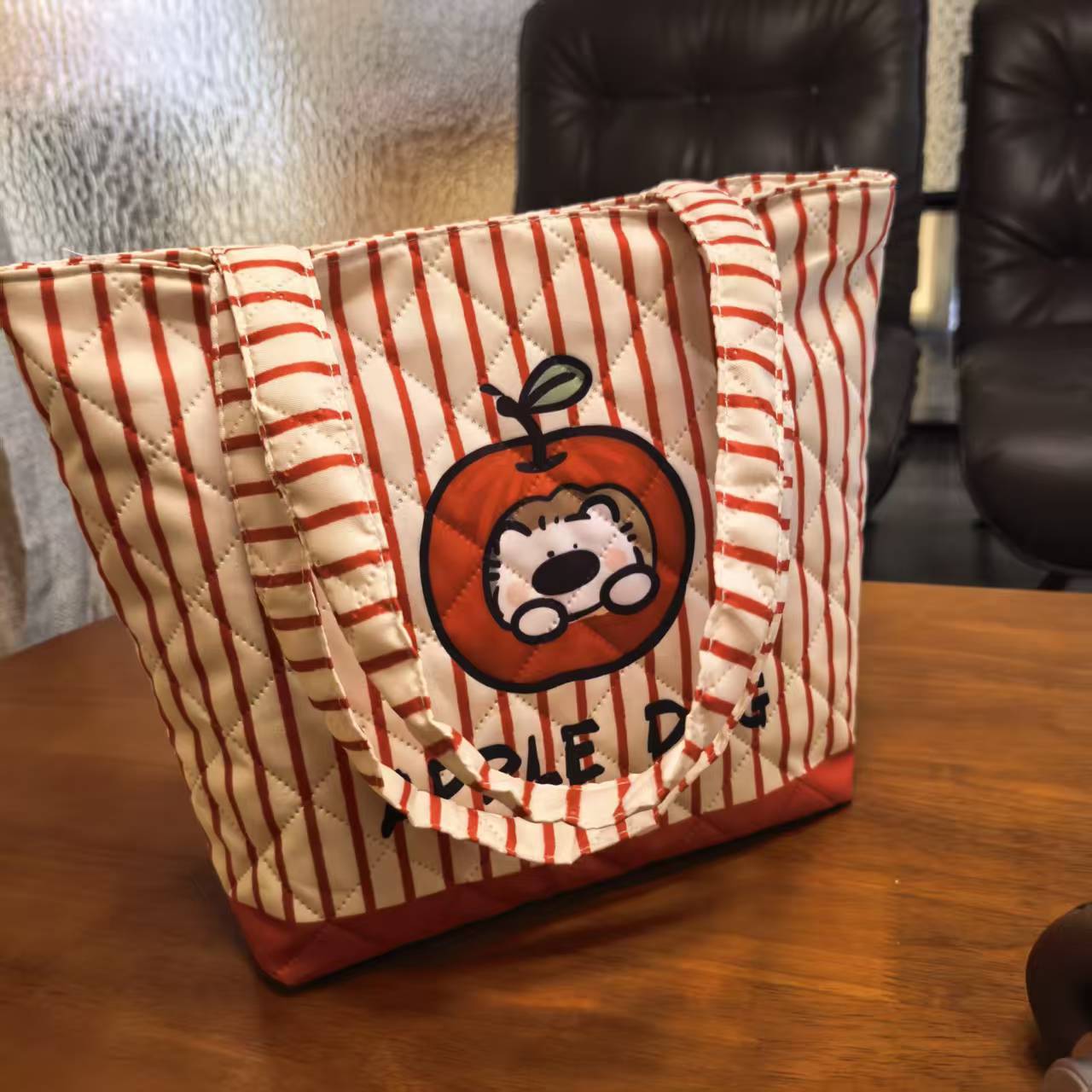 Cartoon Puppy Apple Pattern Quilted Large Capacity Tote Bag Daily Commuter Fashion Striped Design