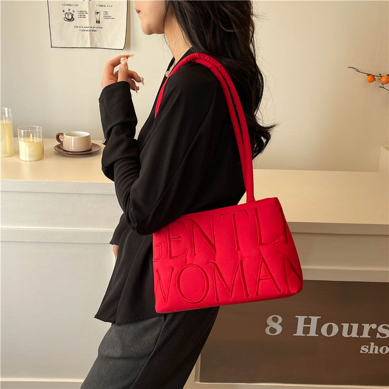 Elegant Embroidered Letter Tote Bag for Women, Stylish Satin Design with Double Handles and Zipper Closure