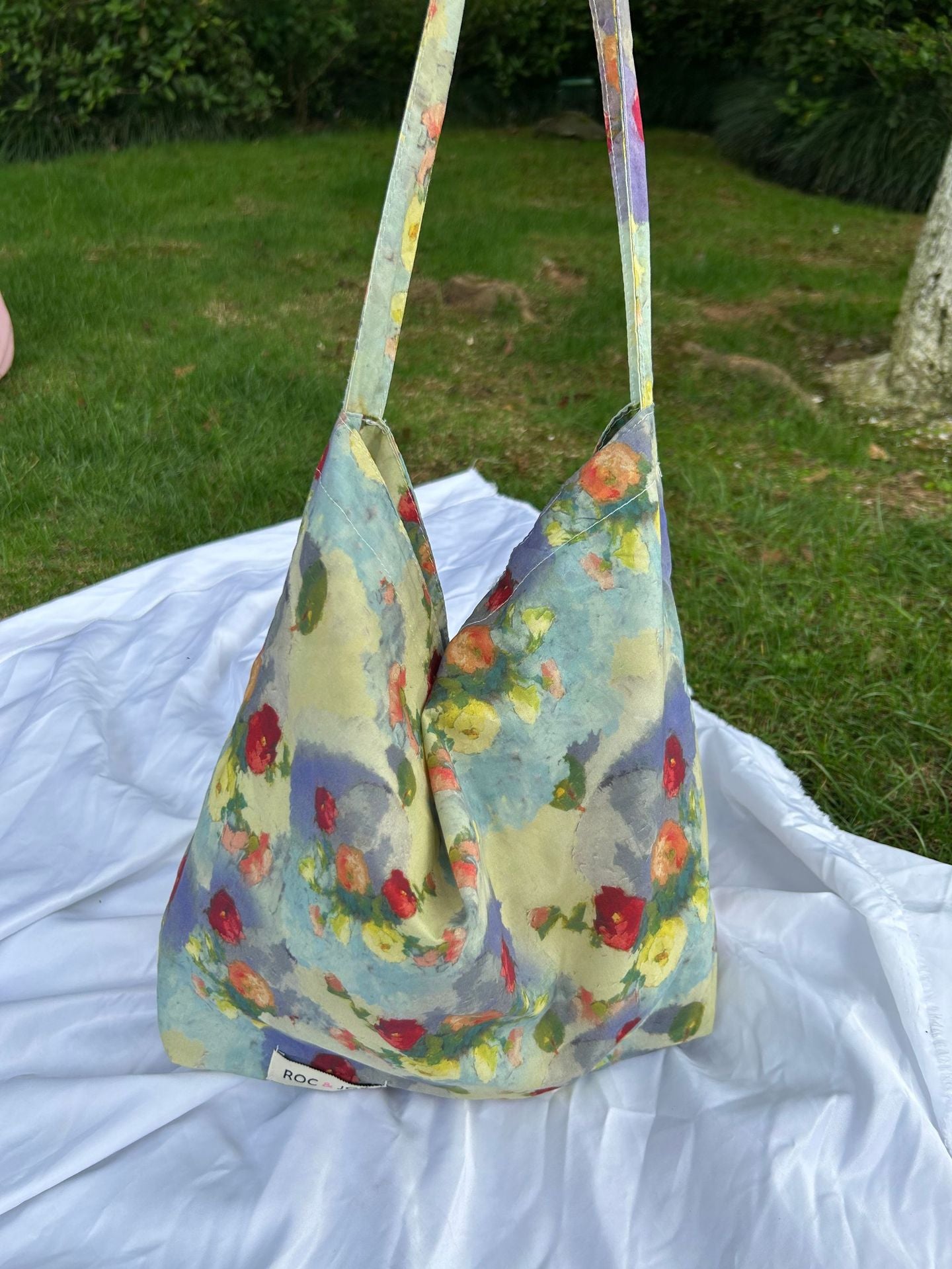 Vintage Oil Painting Floral Cotton Tote Bag, Casual Travel Style with Soft Handle and Inner Pocket
