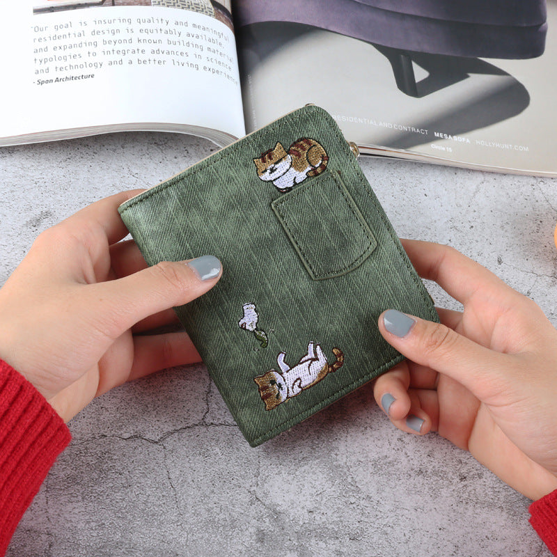 Cute Embroidered Cat Design Wallet for Women, Stylish Denim Look with Zipper Closure and Multiple Pockets