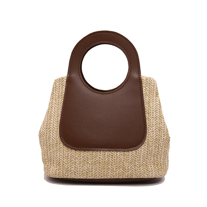 Summer Retro Color Contrast Patchwork Straw Bag Large Capacity Hand-Woven Bag Simple Fashion Shoulder Handbag