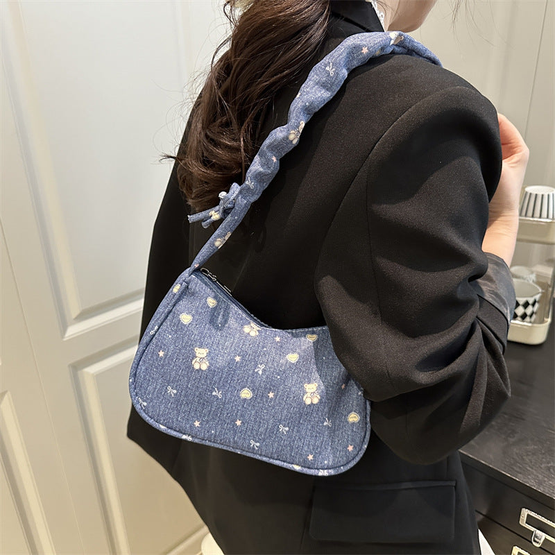 2025 New Denim Crossbody Bag for Women, Trendy Street Style with Bow Strap and Zipper Closure, Perfect for Daily Outfits
