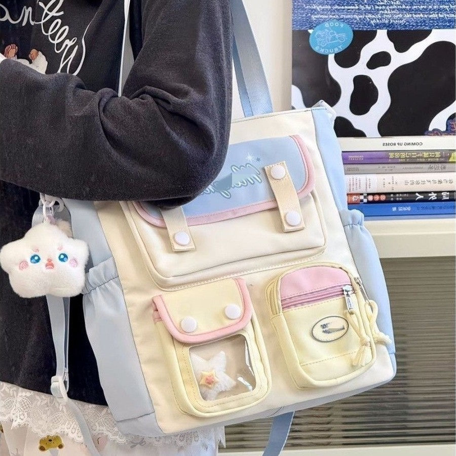 Cute Color-Blocking Student Tote Bag with Plush Keychain and Multiple Pockets for Daily Use