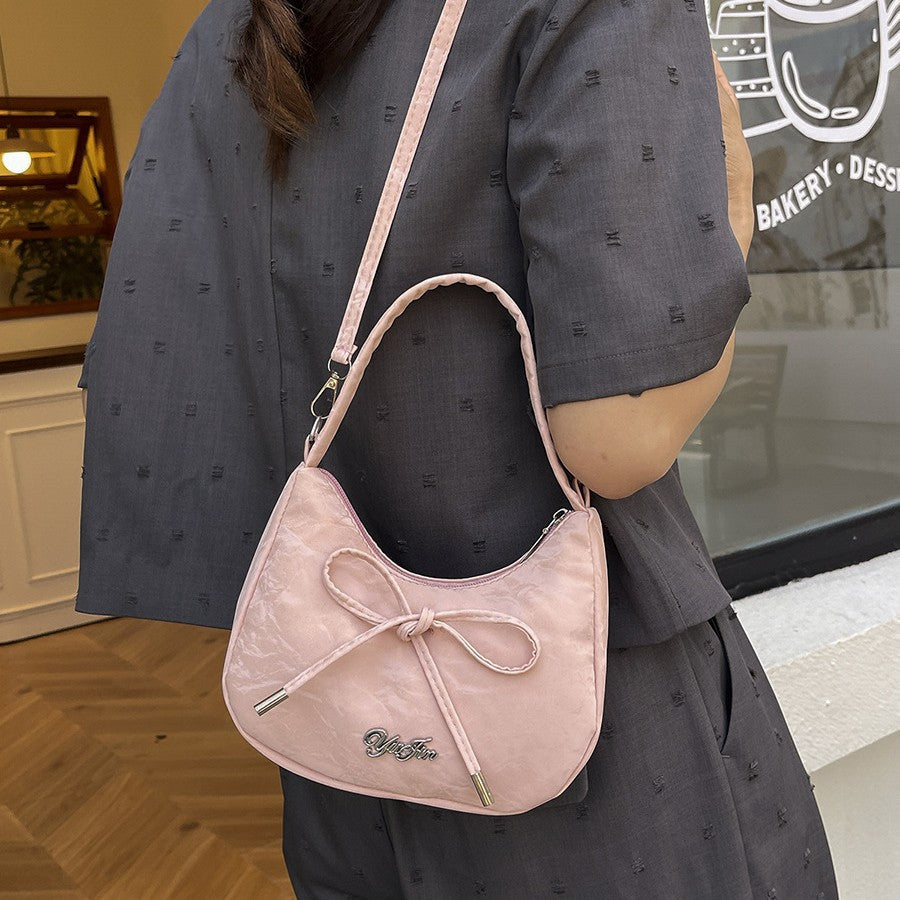 2025 Summer New Chic Bowknot Handbag for Women, Soft Canvas Shoulder Crossbody Bag with Zipper Closure and Stylish Design