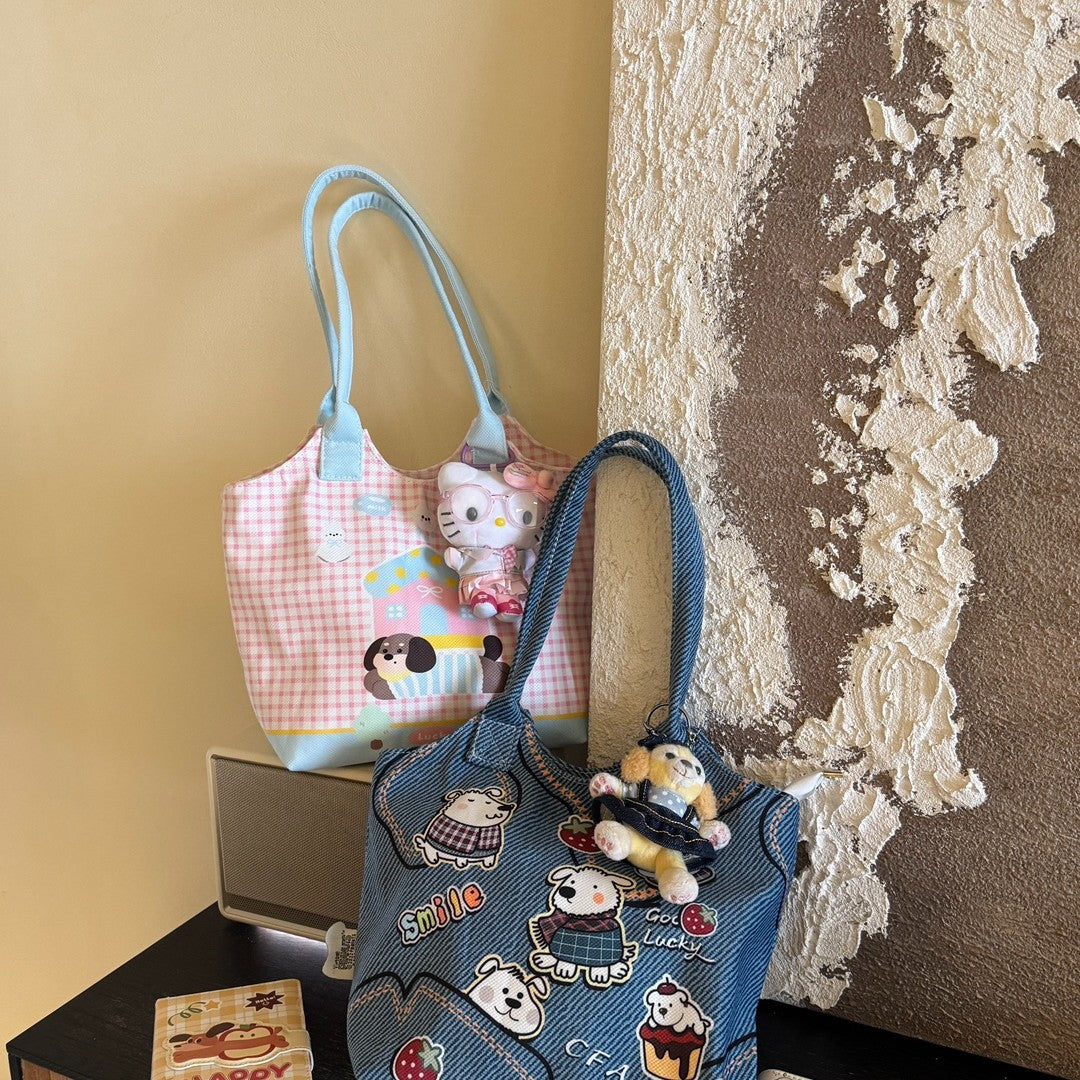 Cute Cartoon Dog Print Tote Bag with Magnetic Closure and Stylish Patches for Casual Travel