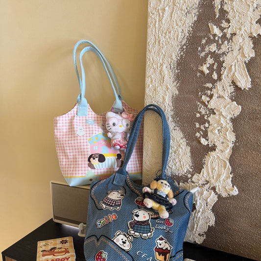 Cute Cartoon Dog Print Tote Bag with Magnetic Closure and Stylish Patches for Casual Travel