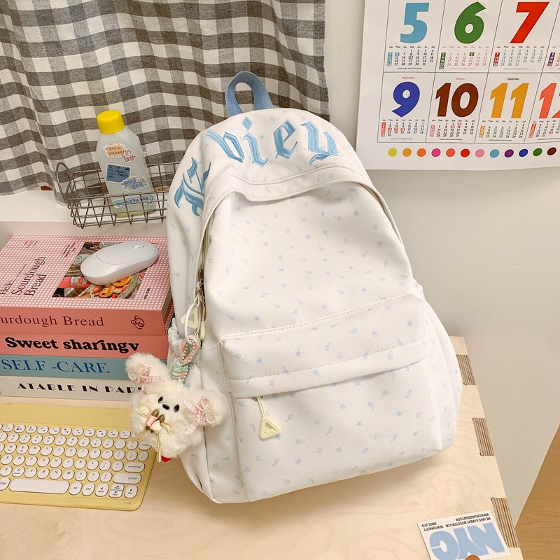 Cute Pink Letter Embroidery Backpack with Plush Keychain for Girls - Stylish and Functional School Bag