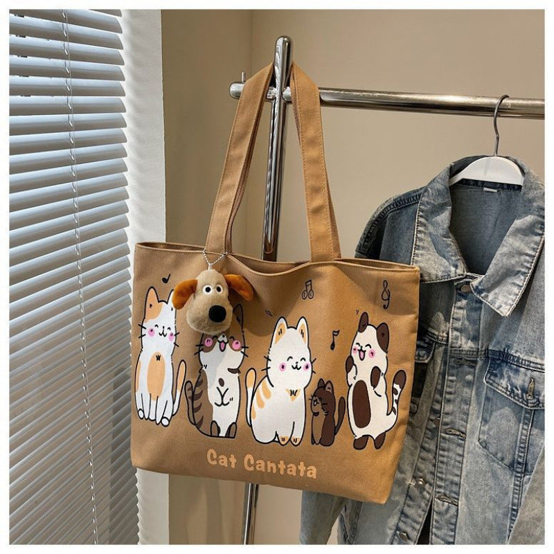 Cute Cat Design Canvas Tote Bag for Women, Large Capacity Shoulder Bag with Cartoon Print and Dog Charm, Perfect for Daily Use and School