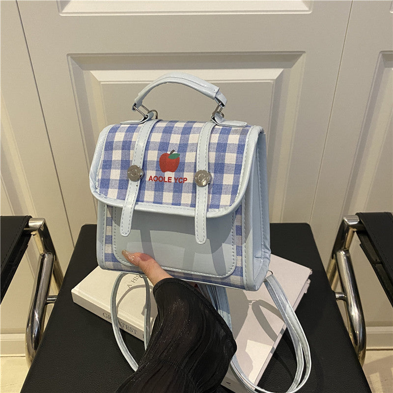 Cute Checkered Backpack with Apple Logo for Students and Daily Use, Fashionable Crossbody Bag with Lightweight Design