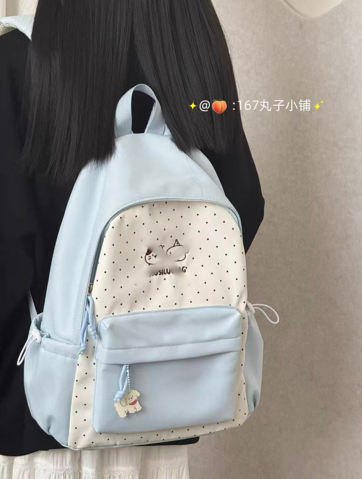 Cute Polka Dot Backpack with Embroidery Design for Girls, Fashionable and Durable School Bag with Front Pocket and Charm